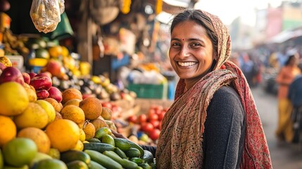 Poster - A woman smiles as she sells fresh fruit and vegetables at a bustling market in India.