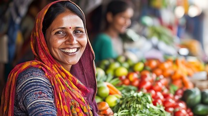 Poster - A woman smiles as she sells fresh fruit and vegetables at a bustling market in India.