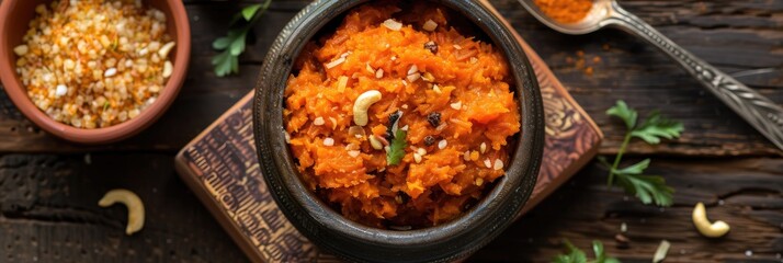 Poster - Carrot Halwa with Jaggery and Ghee - A Traditional Indian Dessert Delight.