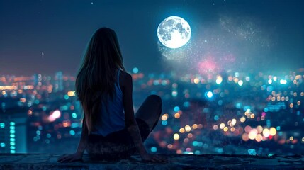 Wall Mural - A woman sitting on a rooftop at night, gazing at city lights, full moon, and fireworks. Seamless looping time-lapse video background.