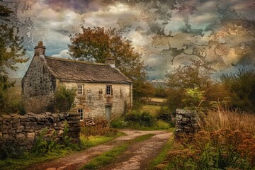 Sticker - A picturesque old stone house surrounded by a lush green countryside