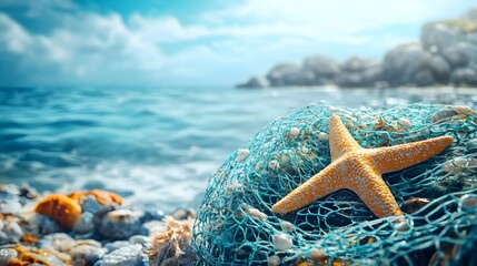 Starfish in Fishing Net on Beach with Blue Ocean