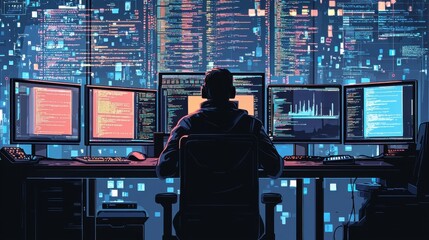 A digital workspace showcasing a person coding at multiple monitors in a high-tech, illuminated environment.