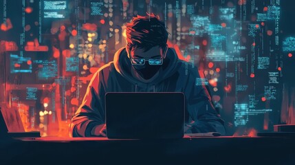 A focused individual programming on a laptop, surrounded by vibrant digital data in a futuristic setting.