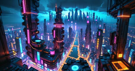 cyberpunk sci fi high rise skyscraper tower building terrace patio balcony over hang with view of metropolis futuristic city horizon cityscape.