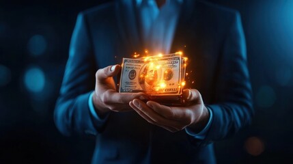 Poster - Businessman Holding Money with Glowing Light Effect