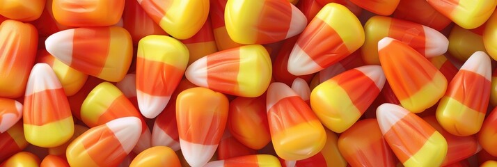 Wall Mural - Halloween-themed candy corn and pumpkins arranged in a stack