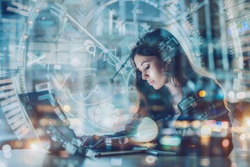 Poster - A person sitting in front of a computer with a laptop, Use this image for presentations, social media posts or articles about technology and communication