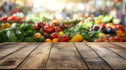 Poster - A rustic wooden tabletop in the foreground with a bokeh effect showcasing a lively farmers market teeming with fresh, colorful produce.