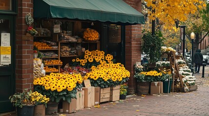 Canvas Print - Charming urban flower and produce market showcasing vibrant yellow chrysanthemums, fresh fruits, and an inviting brick storefront surrounded by autumn foliage