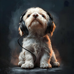 Adorable puppy listening to music with headphones, showcasing a playful and charming personality in a creative setting.