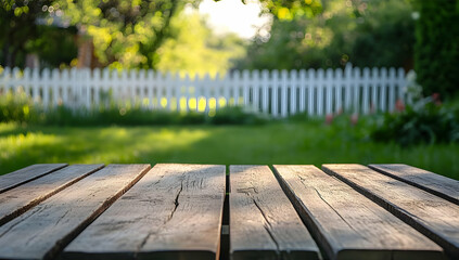 A serene garden scene featuring a wooden table and a lush background with a white fence, perfect for outdoor gathering inspirations.