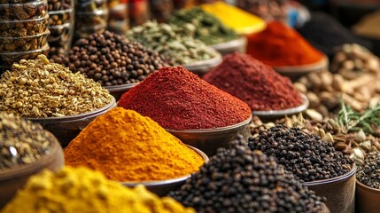 Wall Mural - Variety of spices and herbs in a market