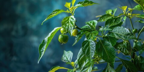 Poster - Glossy-leaved Capsicum plant featuring vibrant green peppers, a culinary staple flourishing in warm environments.