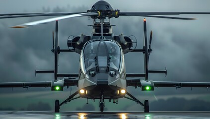 Photo of black halo helicopter, grey background, green lights on the front, 