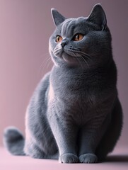 Wall Mural - A cute gray cat sitting gracefully with a soft expression against a pastel background.