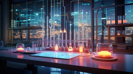 Medical research lab with glowing test tubes and digital charts