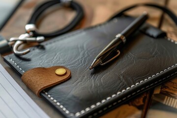 Wall Mural - A close-up of a pen and notebook on a table