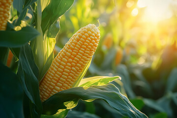 Close-up of ripe corn on the plant, illuminated by warm sunlight, showcasing agricultural beauty in a lush field.