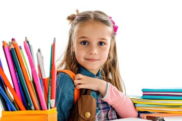 Wall Mural - A young girl sits at her school desk, wearing a backpack and looking focused