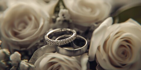 Canvas Print - Two wedding rings placed on top of a bouquet of flowers