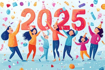 Wall Mural - Happy People Celebrating New Year 2025 with Confetti