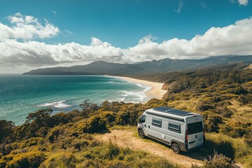 A cozy campervan parked on a stunning coastline uses solar energy for sustainable travel. Its the ideal retreat for nature lovers seeking adventure and exploring beautiful surroundings