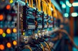 © Kdhtdg - A closeup shot of an electrical panel with wires emphasizes the small details like printed circuit boards and colorful data. The background is blurred to focus on the electrical equipment in the foreg