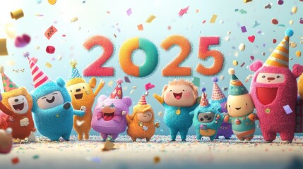 Wall Mural - Cheerful Fuzzy Characters Celebrating New Year 2025