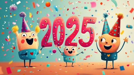 Wall Mural - Three Cartoon Characters Celebrating New Year 2025 with Confetti