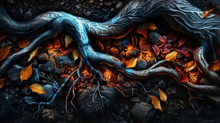 Tangled tree roots, Fantasy, Complex, Watercolor, Emphasizing natural intricacy