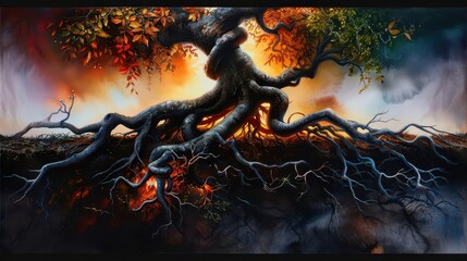 Tangled tree roots, Fantasy, Complex, Watercolor, Emphasizing natural intricacy