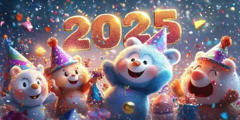 Wall Mural - Cheerful Bears Celebrating New Year 2025 with Confetti