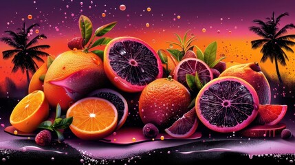 Zestful citrus fruits, Pop Art, Vibrant, Illustration, Highlighting bright and tangy flavor