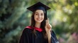 © kinara art design - A young woman in graduation attire smiles and raises her finger in celebration.