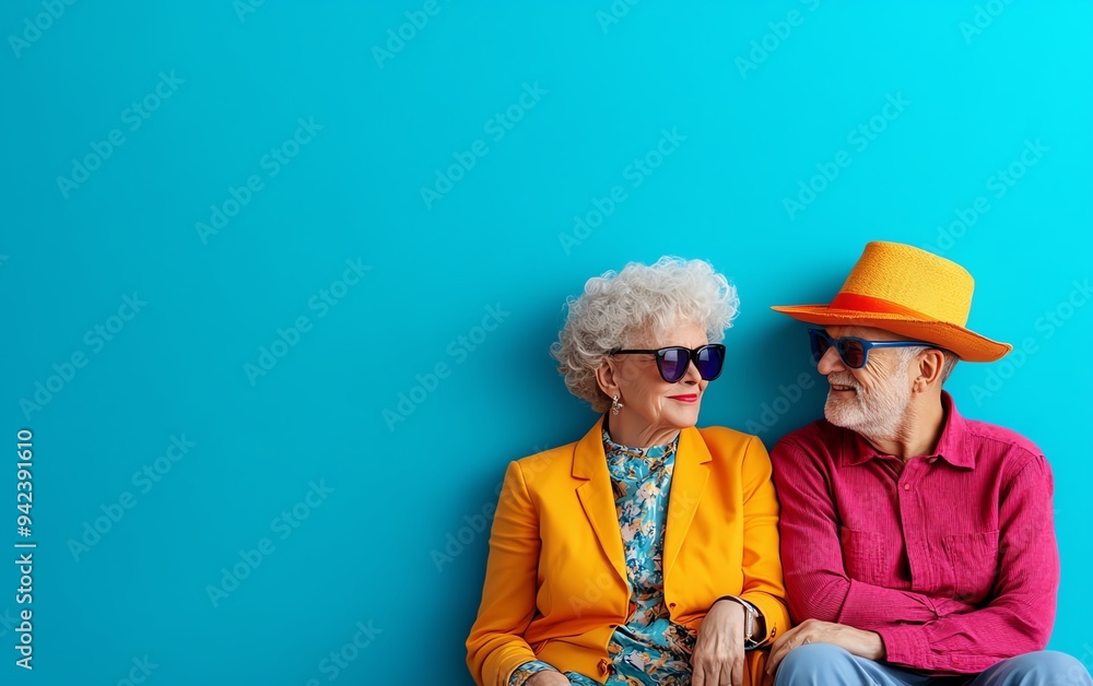 Smiling senior couple in colorful clothing and sunglasses against blue ...
