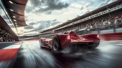 Poster - A high-speed racing car on a wet track, showcasing dynamic motion and excitement.