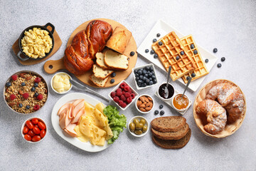 Sticker - Tasty breakfast. Flat lay composition with many different food on grey textured table