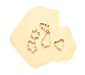 Wall Mural - Raw dough and cookie cutters isolated on white, top view