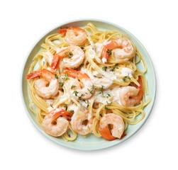 Wall Mural - Delicious pasta with shrimps and creamy sauce isolated on white, top view