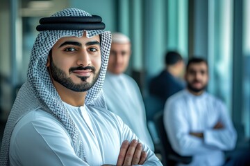 Middle East Arab man in Kandura at office with colleagues coworker workmates at background. Emirati national businessman on dishdasha ideal for Middle Eastern diversity concept with generative ai