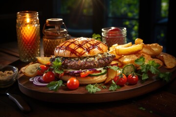 Grilled cheeseburger with onion tomatoes and chips, generative IA