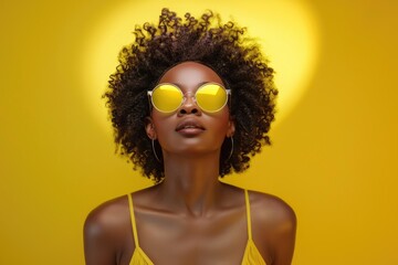 Poster - A woman wearing yellow sunglasses and a yellow top, great for use in fashion or lifestyle photography