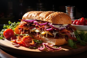 large sandwich hamburger hamburger with meat, purple onion, tomato and fried b, generative ia