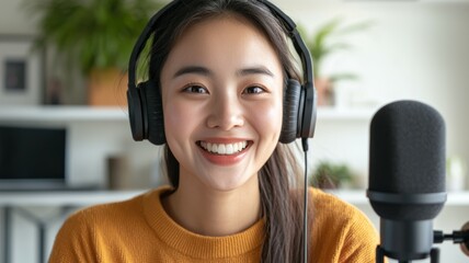 Sticker - A woman wearing headphones and smiling at the camera