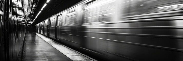 Poster - High-resolution motion-blurred subway train reflecting the speed and vibrancy of city life in monochrome.