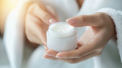 Sticker - A woman is holding a jar of cream in her hand