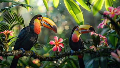 Two toucan tropical bird sitting on a tree branch in natural wildlife environment in rainforest jungle. Generative AI	
