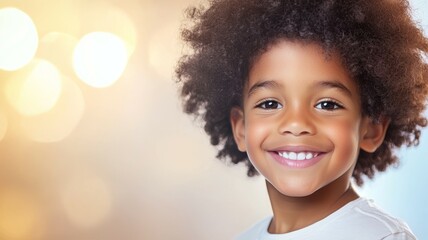 Poster - A young child with curly hair is smiling and looking at the camera