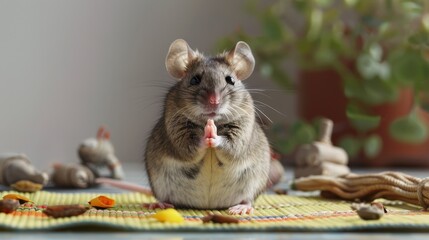 A cute mouse with hands together, surrounded by small objects on a colorful mat.